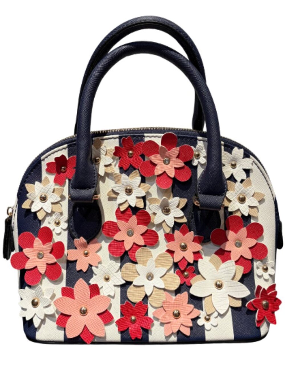 Blue and Striped Purse with Floral Appliqués